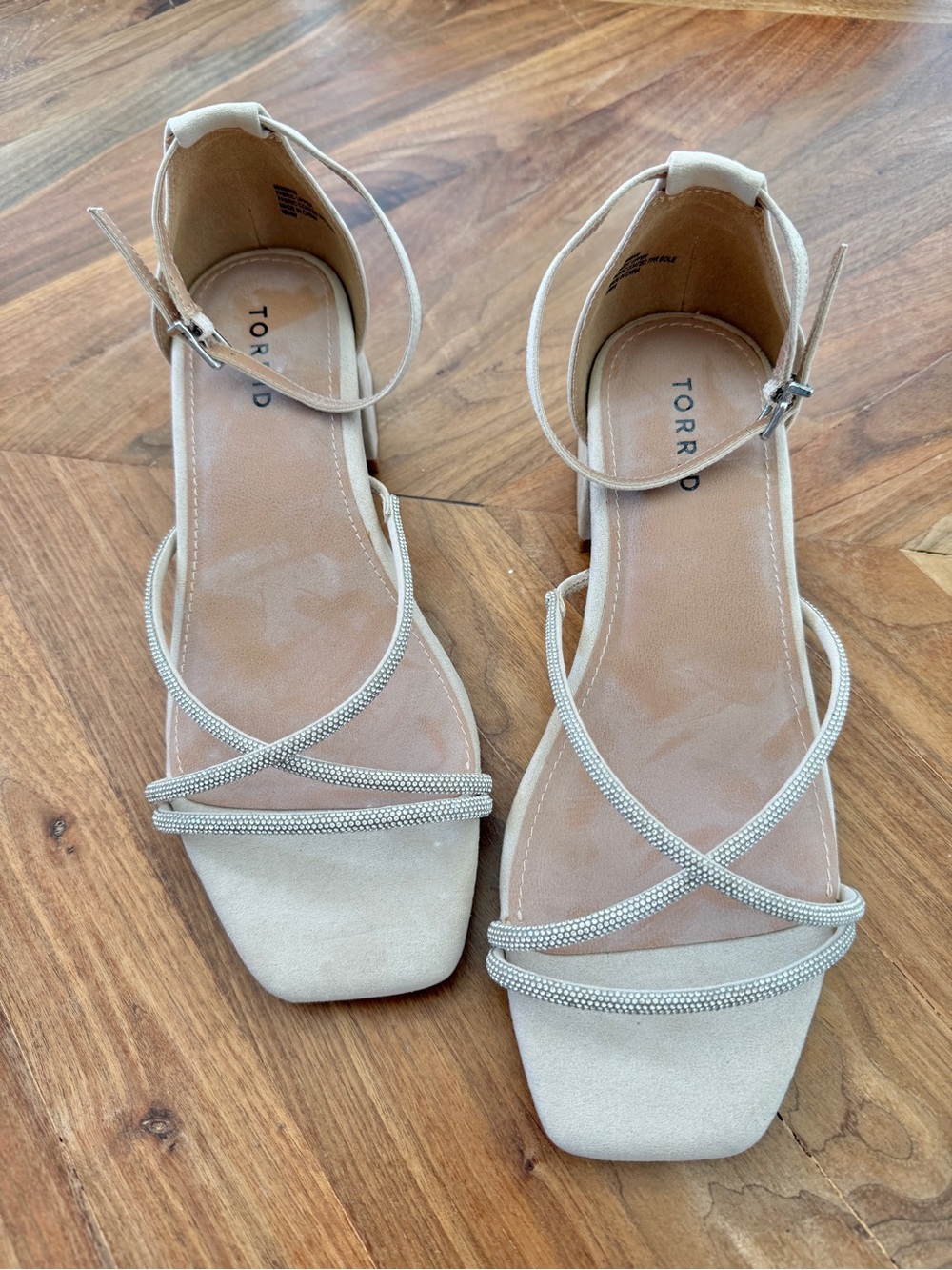 Torrid Rhinestone Block Heel Sandals Size 10WW Wide Width Nude Ankle Strap